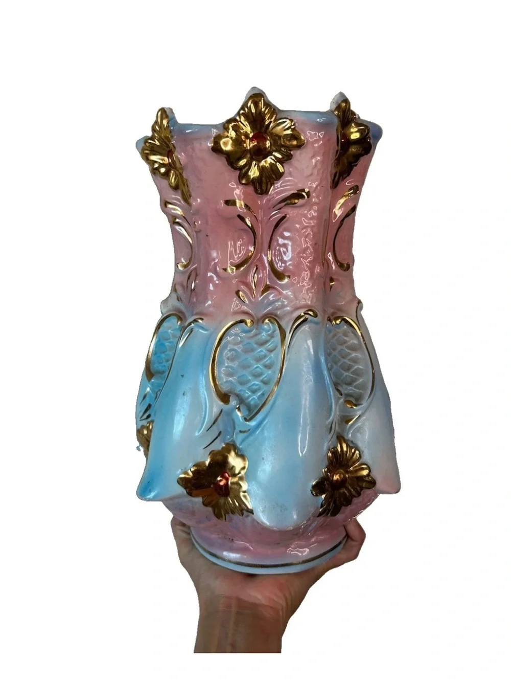 Vintage Italian Hand Painted Ceramic Vase Pink Blue Gold Gilt 12.5”